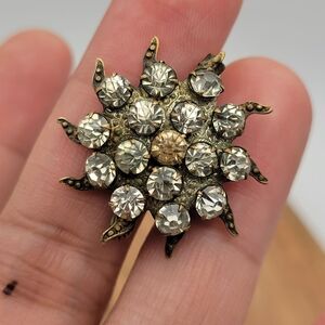 Antique Victorian Brass Made Floral C-Clasp Brooch With Rhinestones